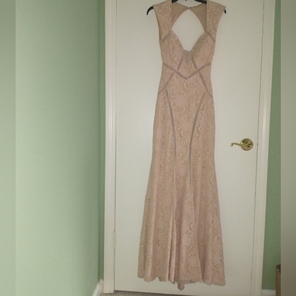 Women's Aqua beige illusion inset lace gown - Picture 8 of 14